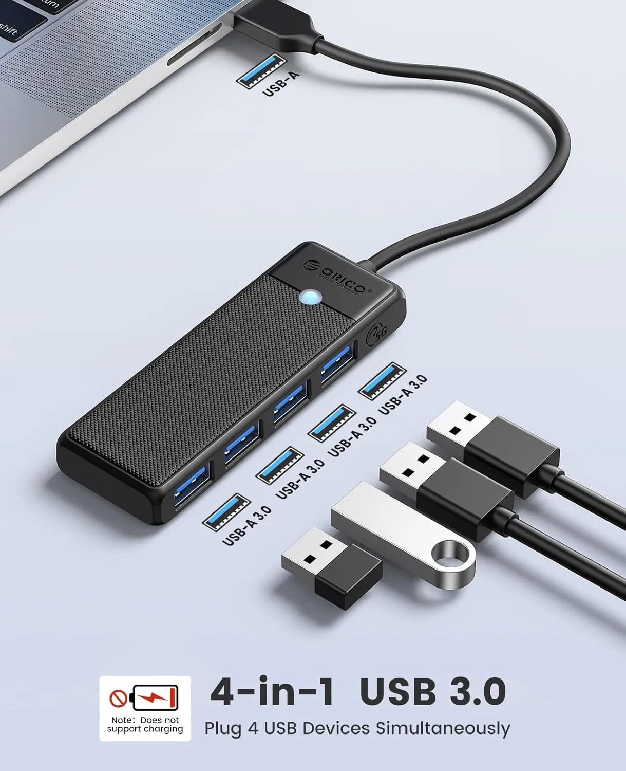ORICO USB 3.0 Hub, 4-Port USB Hub, Ultra Slim USB Splitter for Laptop for MacBook, Mac Pro, iMac, Surface Pro,XPS, PS5, PC, Flash Drive, Mobile HDD(Black/0.5ft)