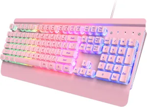 Pink Creamy Keyboard, 104 Keys All-Metal Panel, Rainbow LED Backlit Silent Gaming Keyboard, Wrist Rest, PBT Keycap, Anti-ghosting Keys, Light Up USB Wired Computer Keyboard for PC