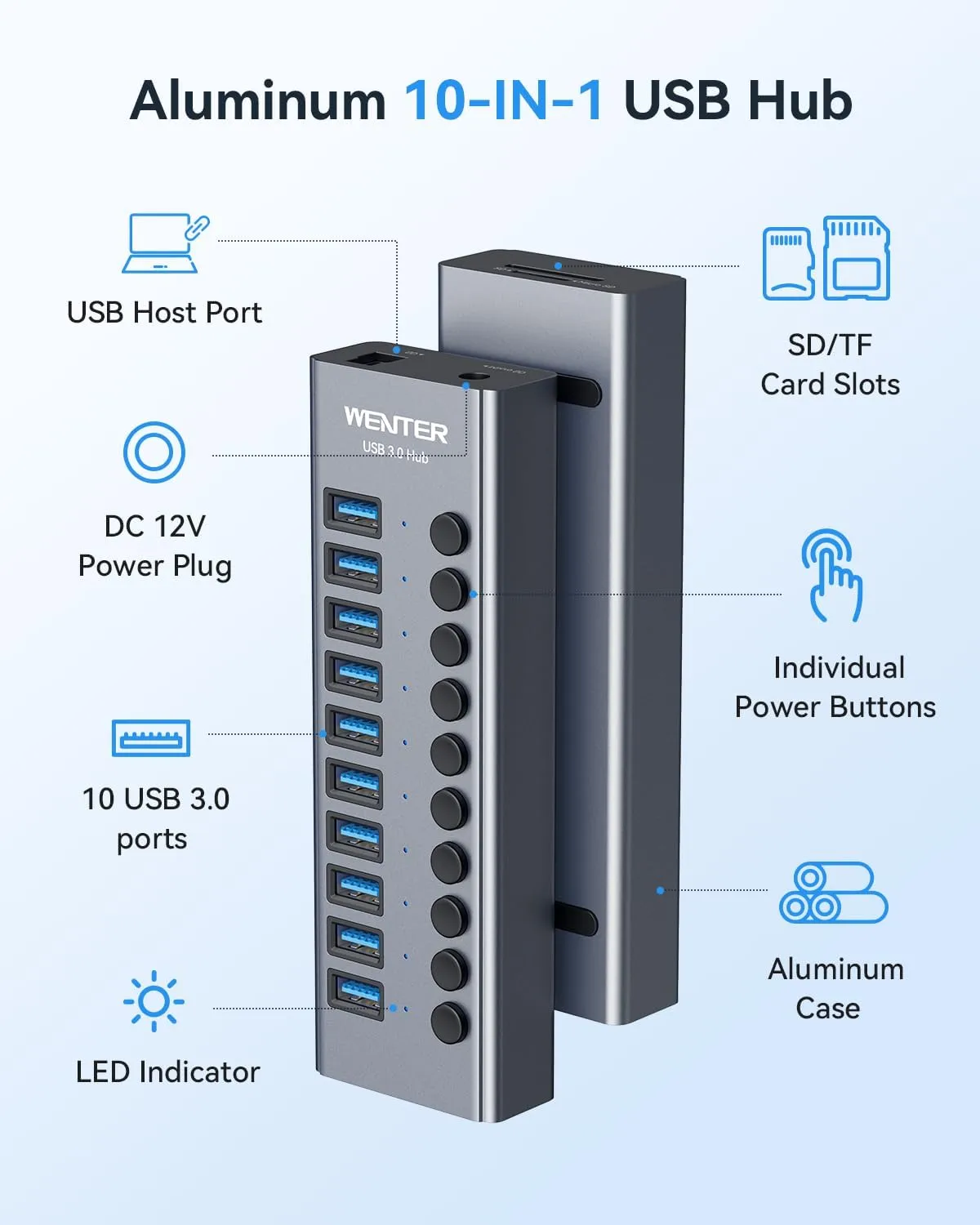 Powered USB 3.0 Hub, Wenter 10 Ports 36W Powered USB Hub, Aluminum USB Splitter with Individual On/Off Switches, SD/TF Card Readers and 12V/3A Power Adapter for PC/Laptops/MacBook Pro/Air/iMac/iPad
