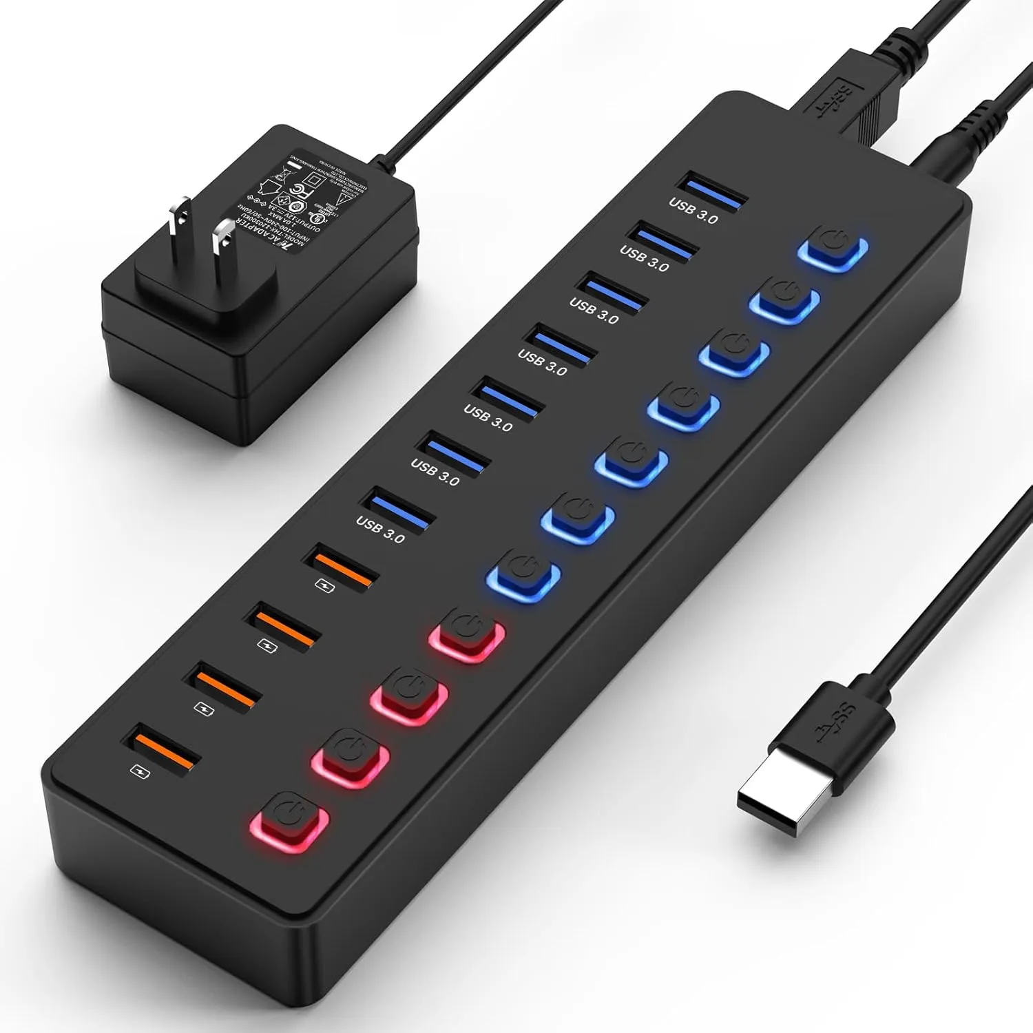 Powered USB hub,USB hub11-Port hub Splitter (7 USB 3.0 Data Transfer Ports   4 Smart Charging Port), Independent Switch (with LED Working Indicator) USB 3.0 Hub Powered with Power Adapter for Mac/PC