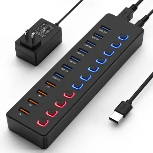 Powered USB hub,USB hub11-Port hub Splitter (7 USB 3.0 Data Transfer Ports   4 Smart Charging Port), Independent Switch (with LED Working Indicator) USB 3.0 Hub Powered with Power Adapter for Mac/PC