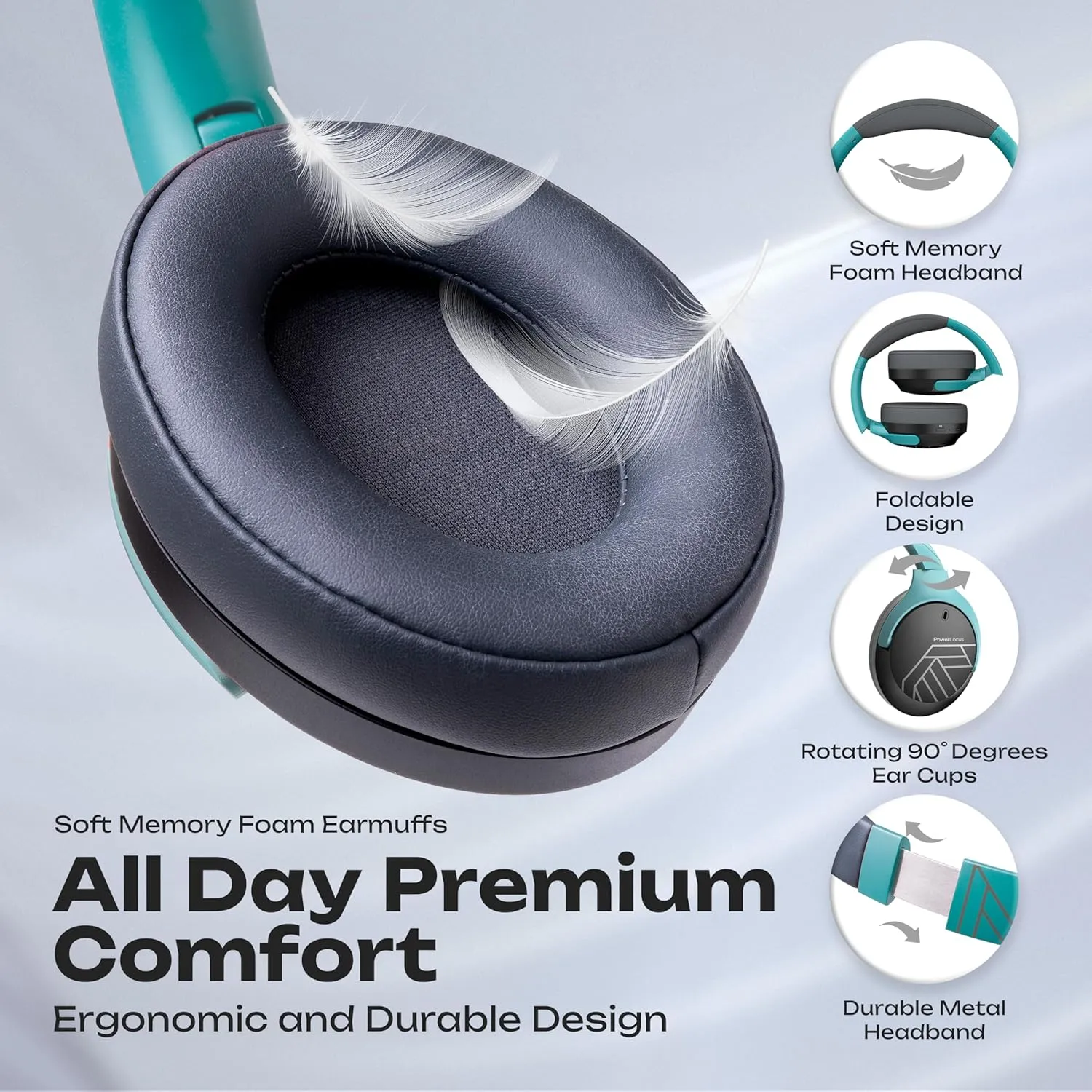 PowerLocus Bluetooth Headphones Over Ear, 60H Playtime, 4 EQ Modes Wireless Headphones with Microphone, Hi-Fi Stereo Deep Bass Foldable Headphone, Soft Foam Ear Cups,Fast Charging for Travel/PC/Phones