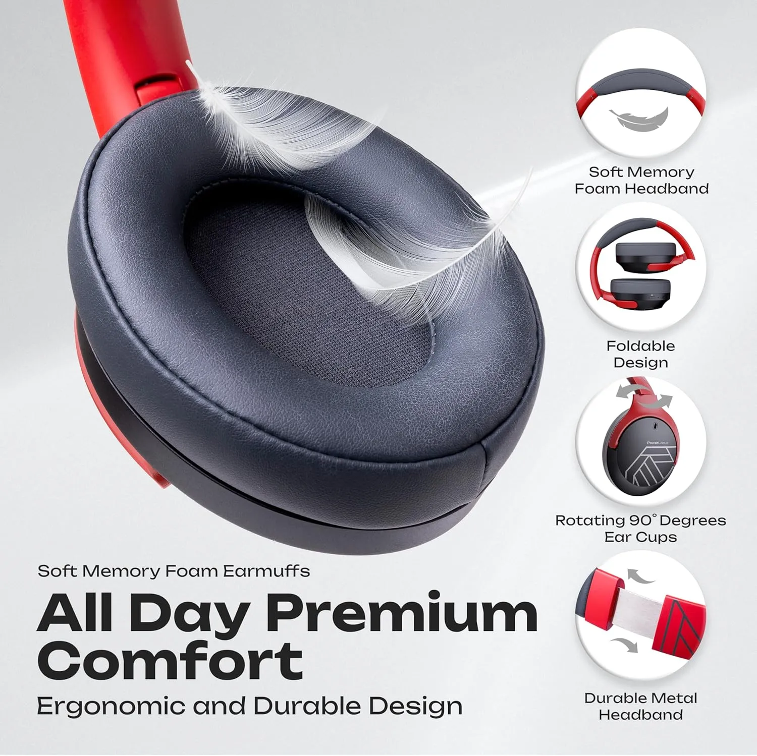 PowerLocus Bluetooth Headphones Over Ear, 60H Playtime, 4 EQ Modes Wireless Headphones with Microphone, Hi-Fi Stereo Deep Bass Foldable Headphone, Soft Foam Ear Cups,Fast Charging for Travel/PC/Phones