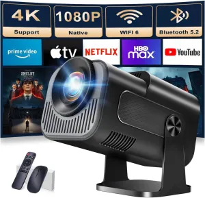 Projector 1080P Full HD, 4K Projector with 180 Rotation, Built-in App Portable Projector WiFi 6 & Bluetooth 5.2 Support,Featuring Auto Keystone Correction,HDMI/USB Connectivity Projector Black