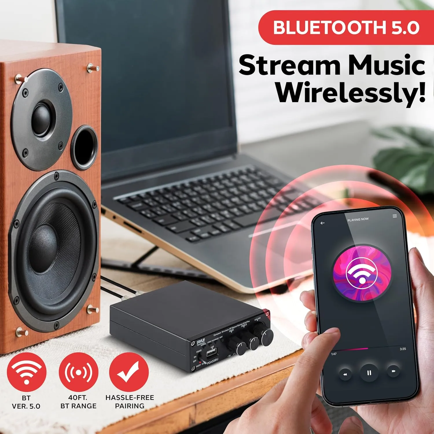 Pyle 200W 2.1 CH Wireless Bluetooth 5.0 Stereo Power Amplifier - Mini Amp with USB Player - RCA Input - Subwoofer Output - Bass & Treble Control - Compact Audio Streaming Amp for Home Use - PDA33BU