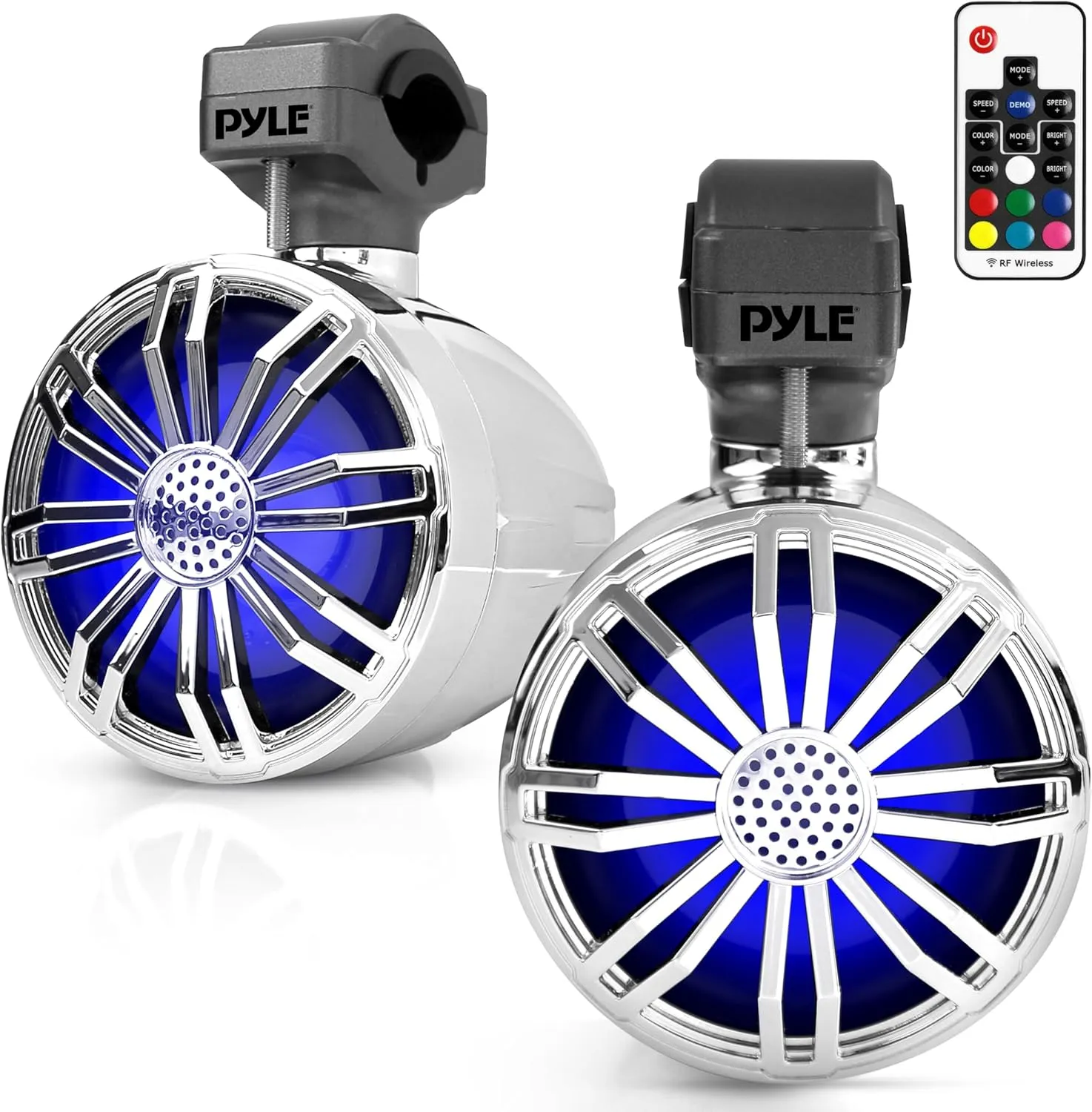Pyle 3.5 Bluetooth Motorcycle Speakers, 2 Pc Waterproof Speaker System with RGB Lights & Remote Control, Bike Bluetooth Speakers for Motorcycle, Car, Boat, ATV, IP-X5 Rated (Chrome)