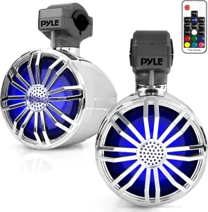 Pyle 3.5 Bluetooth Motorcycle Speakers, 2 Pc Waterproof Speaker System with RGB Lights & Remote Control, Bike Bluetooth Speakers for Motorcycle, Car, Boat, ATV, IP-X5 Rated (Chrome)
