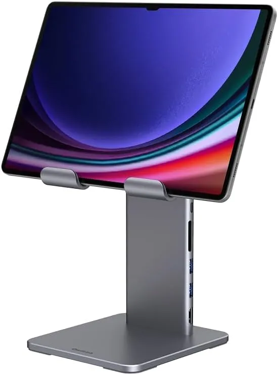 Qwiizlab Aluminum Stand with USB-C Hub for iPad Air/Pro and Android Tablets, 4K HDMI, 104MB/s Card Readers, 5Gbps USB3.0, 60W PD, 3.5mm Audio, Adjustable 80Tilt