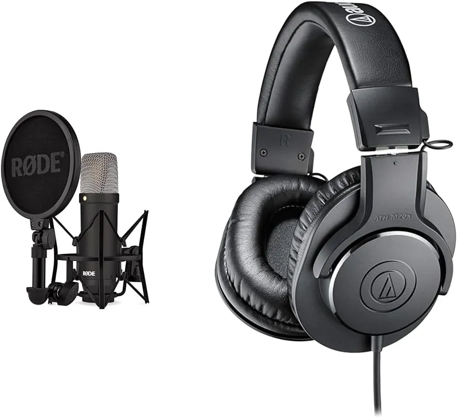 RDE NT1 Signature Series Condenser Microphone Bundle with SM6 Shockmount, Pop Filter, Audio-Technica ATH-M20X Studio Monitor Headphones