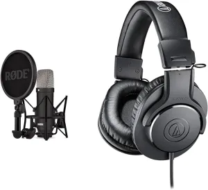 RDE NT1 Signature Series Condenser Microphone Bundle with SM6 Shockmount, Pop Filter, Audio-Technica ATH-M20X Studio Monitor Headphones