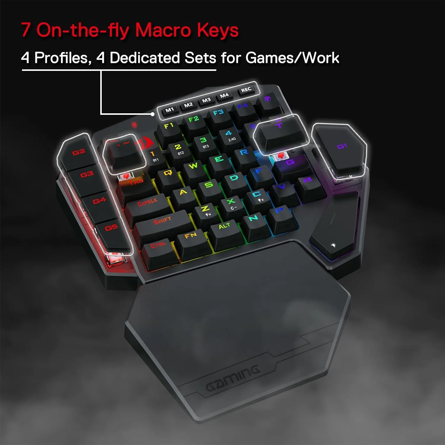 Redragon K585 PRO Wireless One-Handed Mechanical Keyboard, 42 Keys 3-Mode RGB 40% Gaming Keypad w/ 7 Onboard Macro Keys, Detachable Wrist Support, Rechargeable Battery (Red Switch)