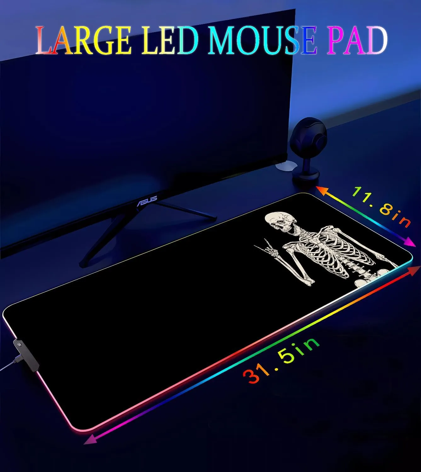 RGB Gaming Mouse Pad, Large Mousepad with Led Light, Big Keyboard Pad Gaming Accessories for Desk, Non-Slip Rubber Base Black Human Skeleton Mouse Mat for Gamer, 31.5 X 11.8 Inch