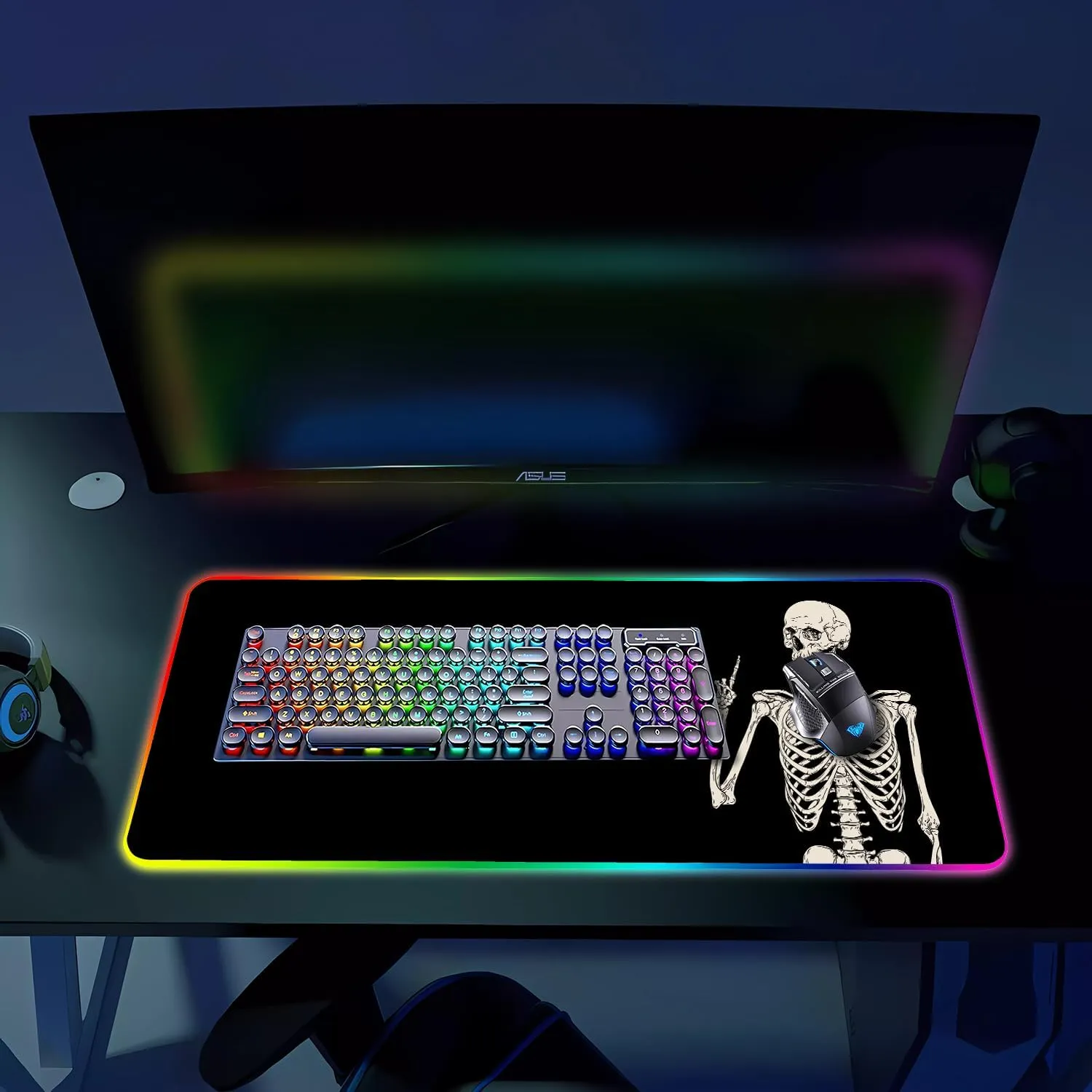 RGB Gaming Mouse Pad, Large Mousepad with Led Light, Big Keyboard Pad Gaming Accessories for Desk, Non-Slip Rubber Base Black Human Skeleton Mouse Mat for Gamer, 31.5 X 11.8 Inch