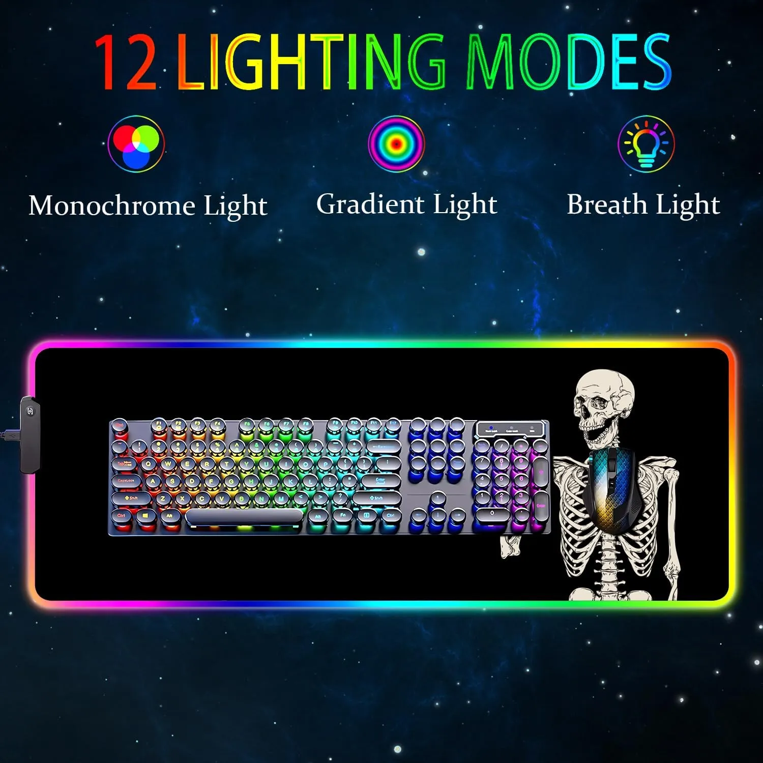 RGB Gaming Mouse Pad, Large Mousepad with Led Light, Big Keyboard Pad Gaming Accessories for Desk, Non-Slip Rubber Base Black Human Skeleton Mouse Mat for Gamer, 31.5 X 11.8 Inch