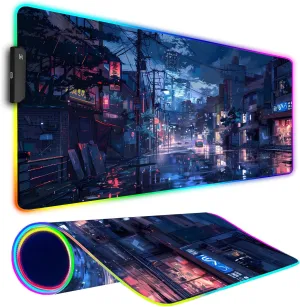 RGB Gaming Mouse Pad, Large Mousepad with Led Light, Gaming Accessories Keyboard Pad for Desk, Non-Slip Rubber Base Big Mouse Mat for Gamer, 31.5 X 11.8 Inch, Japanese Streets