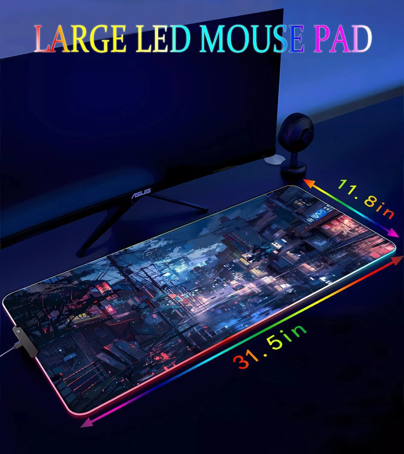 RGB Gaming Mouse Pad, Large Mousepad with Led Light, Gaming Accessories Keyboard Pad for Desk, Non-Slip Rubber Base Big Mouse Mat for Gamer, 31.5 X 11.8 Inch, Japanese Streets
