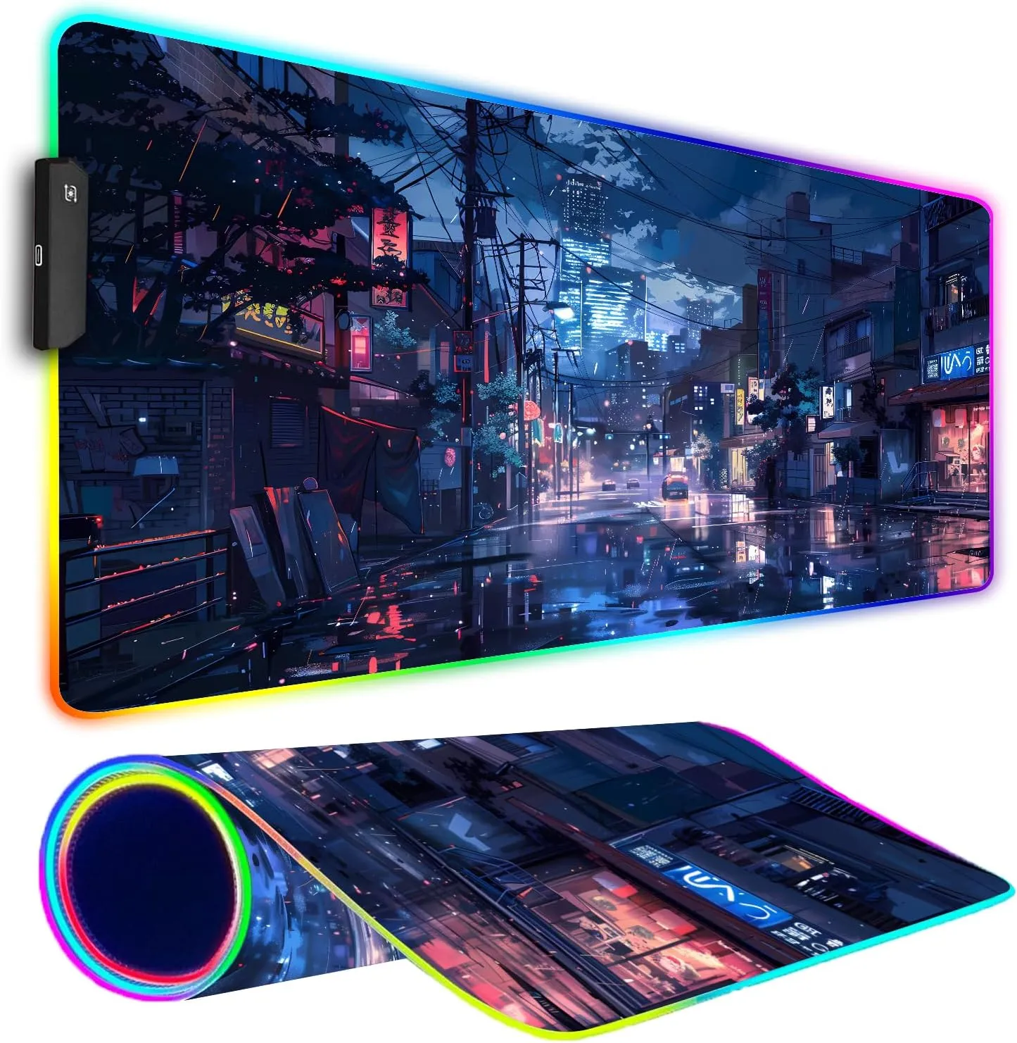 RGB Gaming Mouse Pad, Large Mousepad with Led Light, Gaming Accessories Keyboard Pad for Desk, Non-Slip Rubber Base Big Mouse Mat for Gamer, 31.5 X 11.8 Inch, Japanese Streets