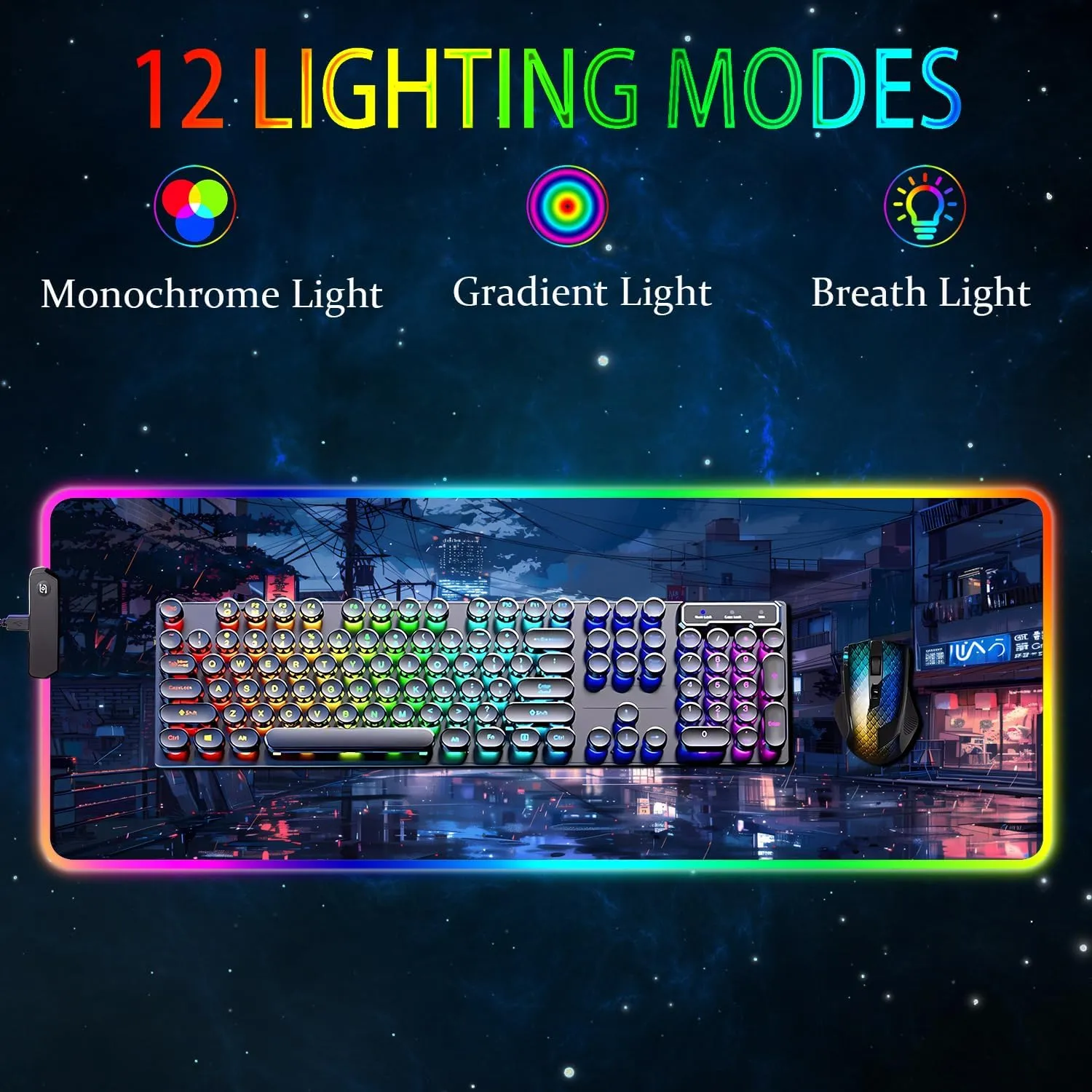 RGB Gaming Mouse Pad, Large Mousepad with Led Light, Gaming Accessories Keyboard Pad for Desk, Non-Slip Rubber Base Big Mouse Mat for Gamer, 31.5 X 11.8 Inch, Japanese Streets