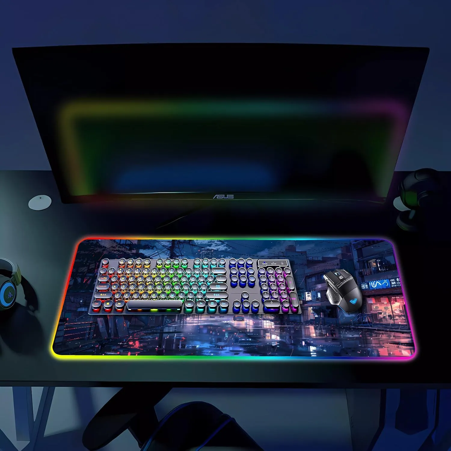 RGB Gaming Mouse Pad, Large Mousepad with Led Light, Gaming Accessories Keyboard Pad for Desk, Non-Slip Rubber Base Big Mouse Mat for Gamer, 31.5 X 11.8 Inch, Japanese Streets