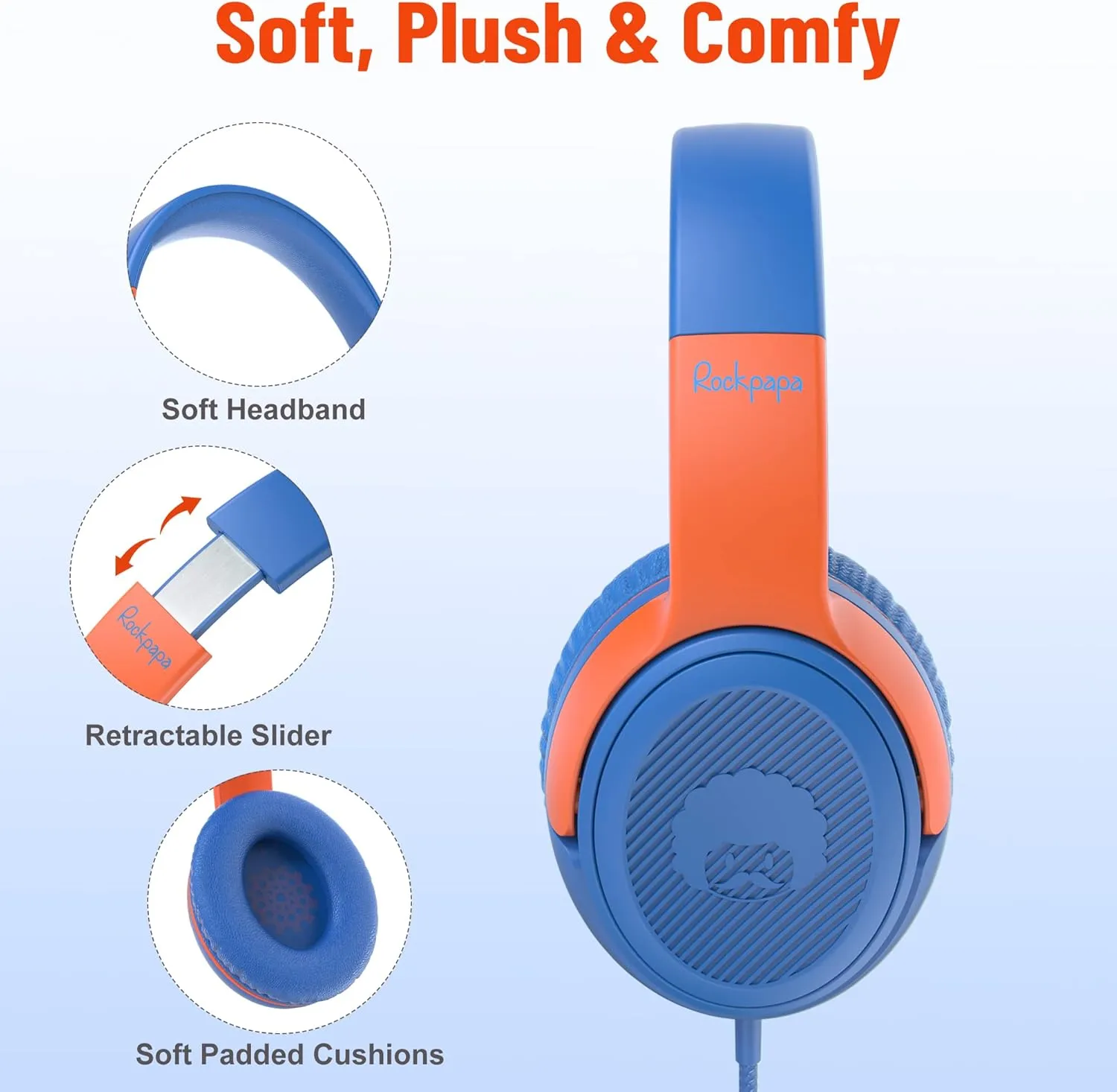 rockpapa Share 1 Kids Headphones Wired with Microphone & Share Port, 85dB/94dB Volume Limited, Cute Foldable Student Child Boys Girls Headphones for School/Classroom/Travel Blue/Orange