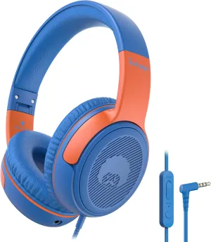 rockpapa Share 1 Kids Headphones Wired with Microphone & Share Port, 85dB/94dB Volume Limited, Cute Foldable Student Child Boys Girls Headphones for School/Classroom/Travel Blue/Orange