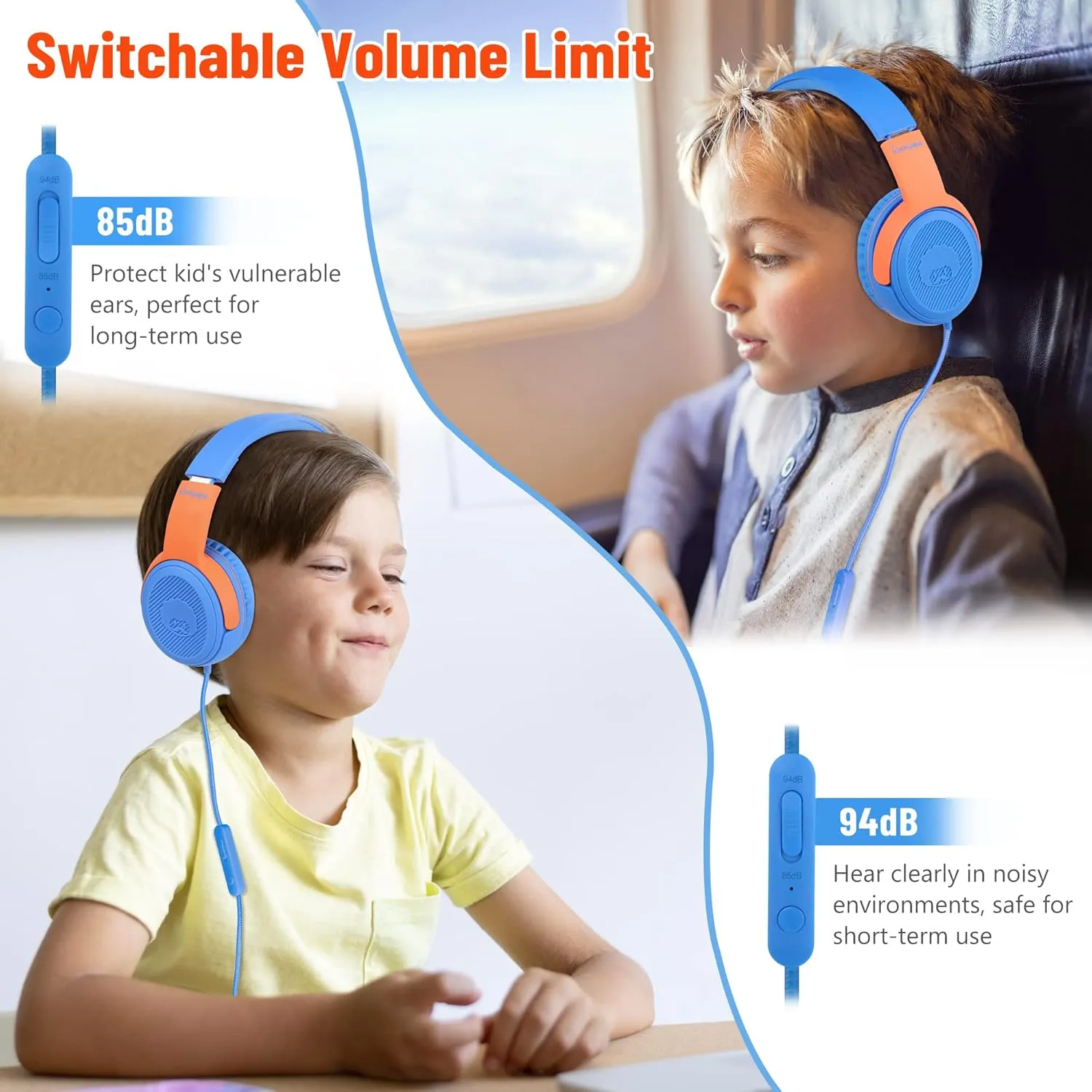 rockpapa Share 1 Kids Headphones Wired with Microphone & Share Port, 85dB/94dB Volume Limited, Cute Foldable Student Child Boys Girls Headphones for School/Classroom/Travel Blue/Orange