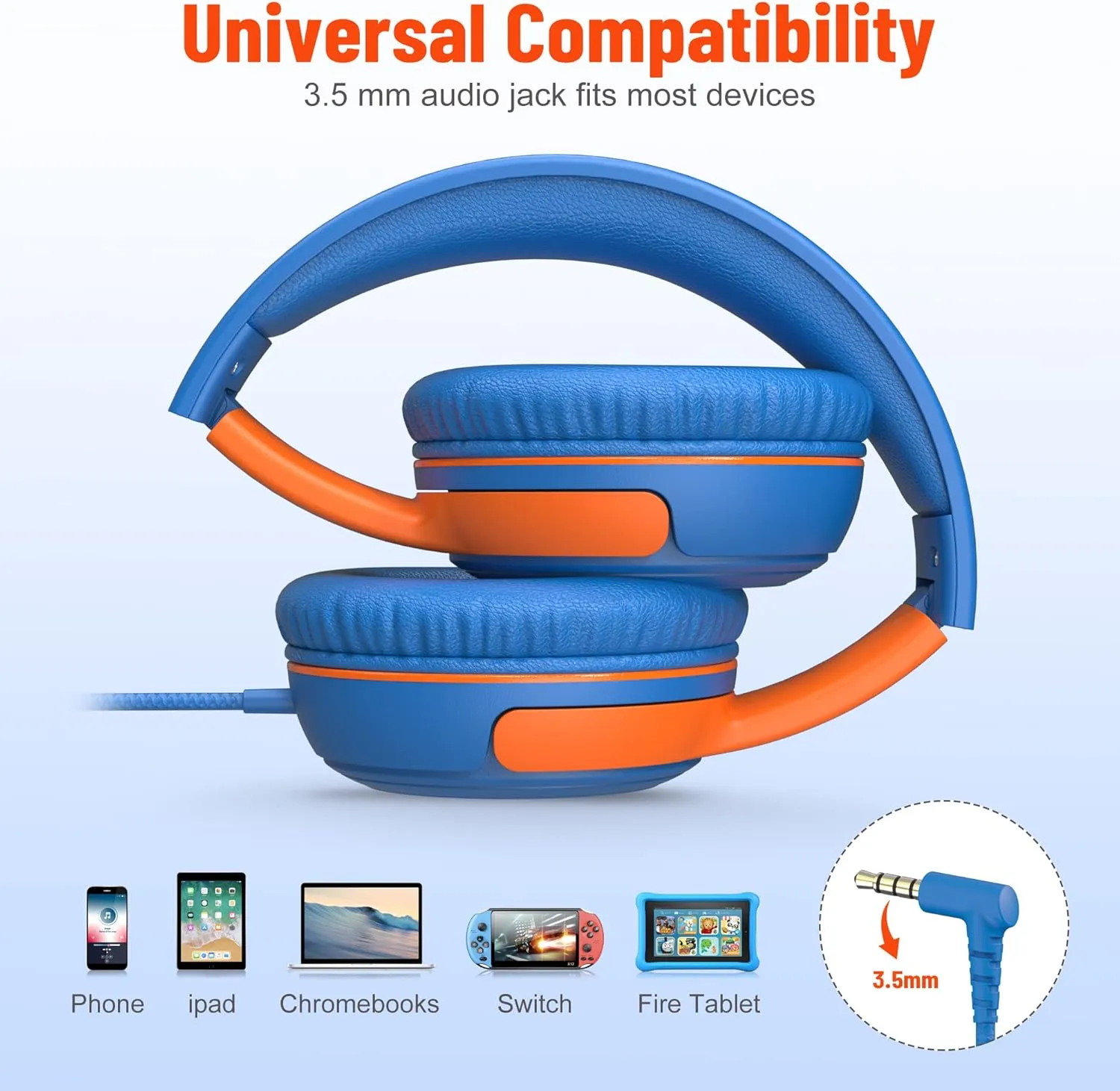 rockpapa Share 1 Kids Headphones Wired with Microphone & Share Port, 85dB/94dB Volume Limited, Cute Foldable Student Child Boys Girls Headphones for School/Classroom/Travel Blue/Orange