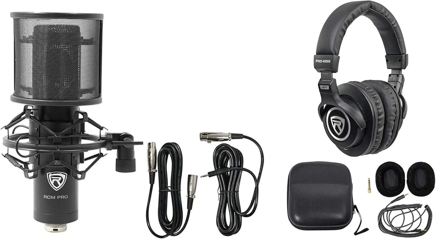 Rockville Bundle PRO-M50 Studio Headphones w/Detachable Coil Cable, Case Extra Ear Pad Bundle RCM PRO Studio/Recording Condenser Microphone (2 Items)