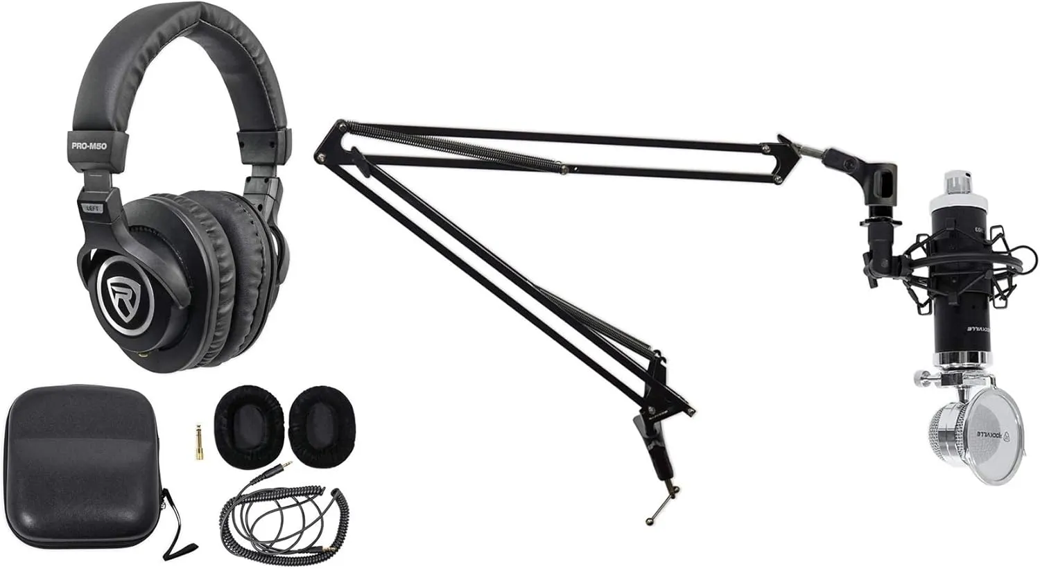 Rockville Bundle: Rockville DMS40 40" Microphone USB Mic Stand Bundle with Rockville PRO-M50 Studio Headphones w/Cable & Rockville RCM03 Pro Studio Recording Microphone (3 Items)