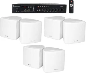 Rockville Commercial Restaurant Bluetooth Amplifier (6) 3.5" White Cube Speakers