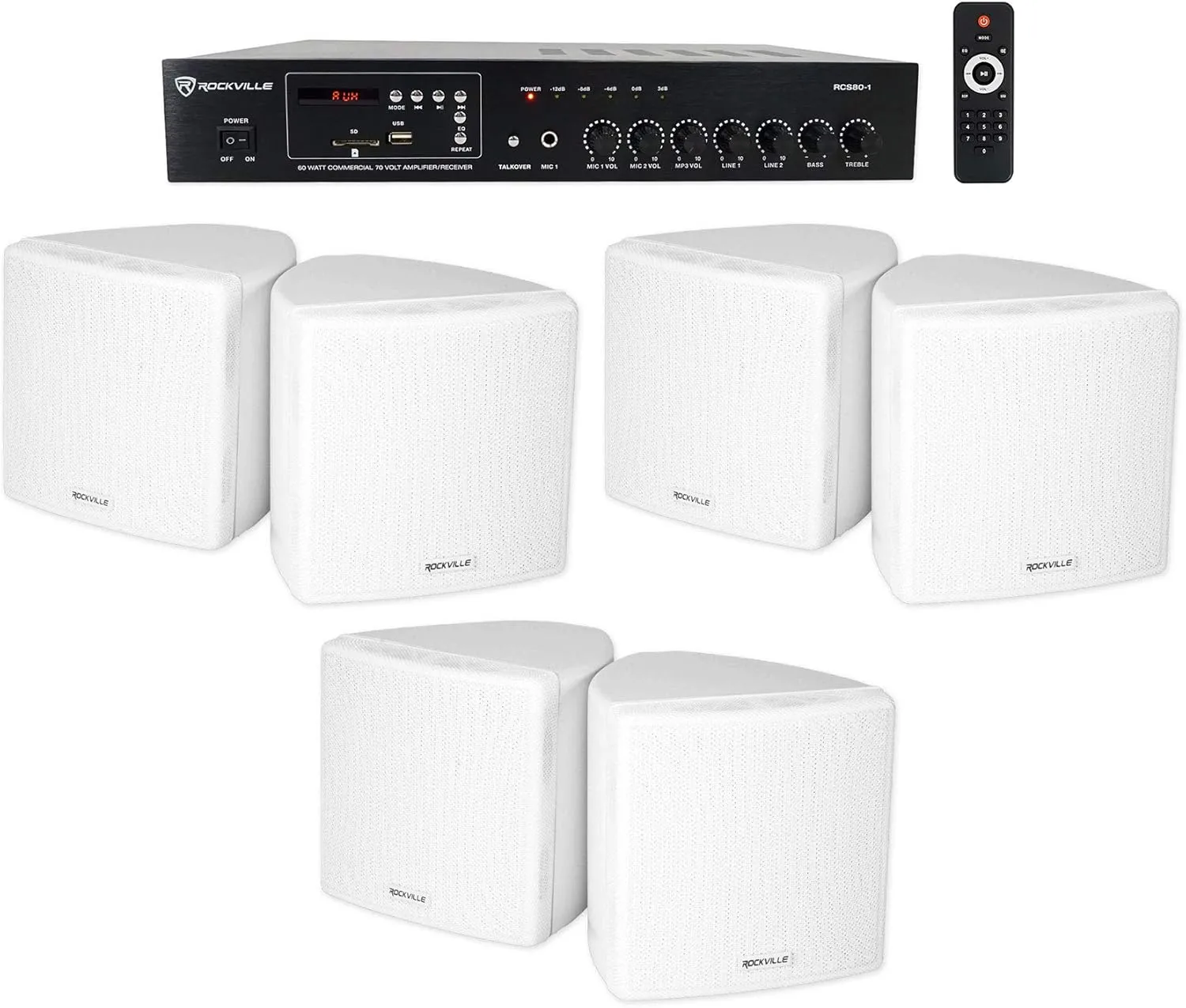 Rockville Commercial Restaurant Bluetooth Amplifier (6) 3.5" White Cube Speakers