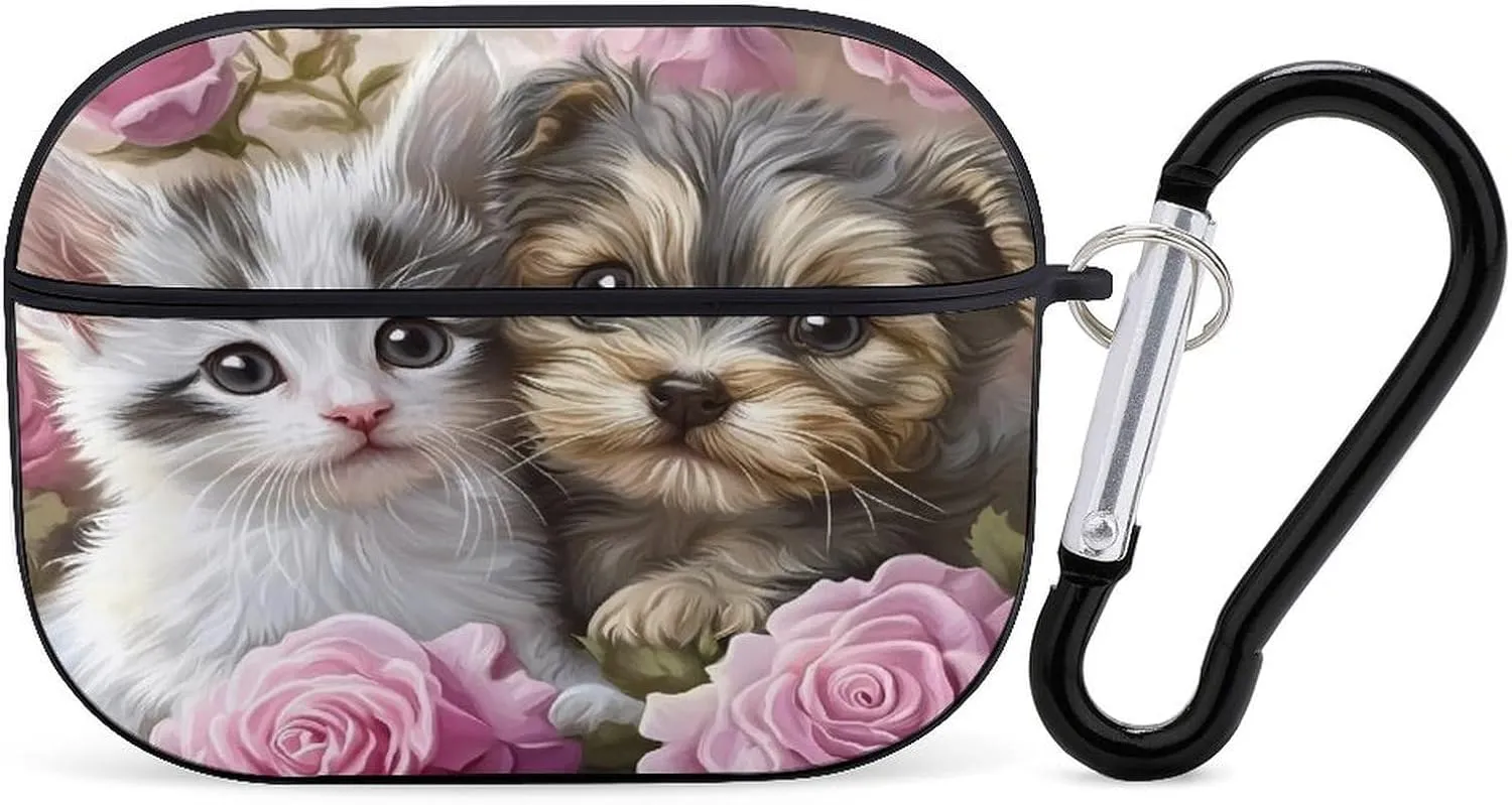 Rose Flower Sweet Love Puppy Kitten Earbud Case Bluetooth Headphone Case Full Protective Case with Keychain Compatible with Airpods Pro Black-Style