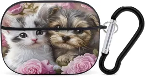 Rose Flower Sweet Love Puppy Kitten Earbud Case Bluetooth Headphone Case Full Protective Case with Keychain Compatible with Airpods Pro Black-Style