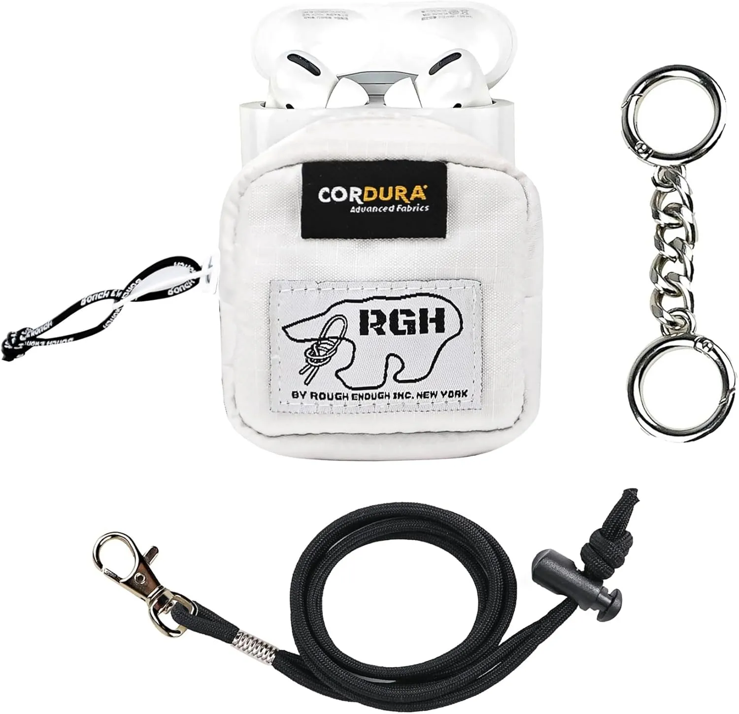 Rough Enough Earbud Case Pouch with Neck Lanyard Keychain for Earphone Earbuds Wireless Bluetooth White