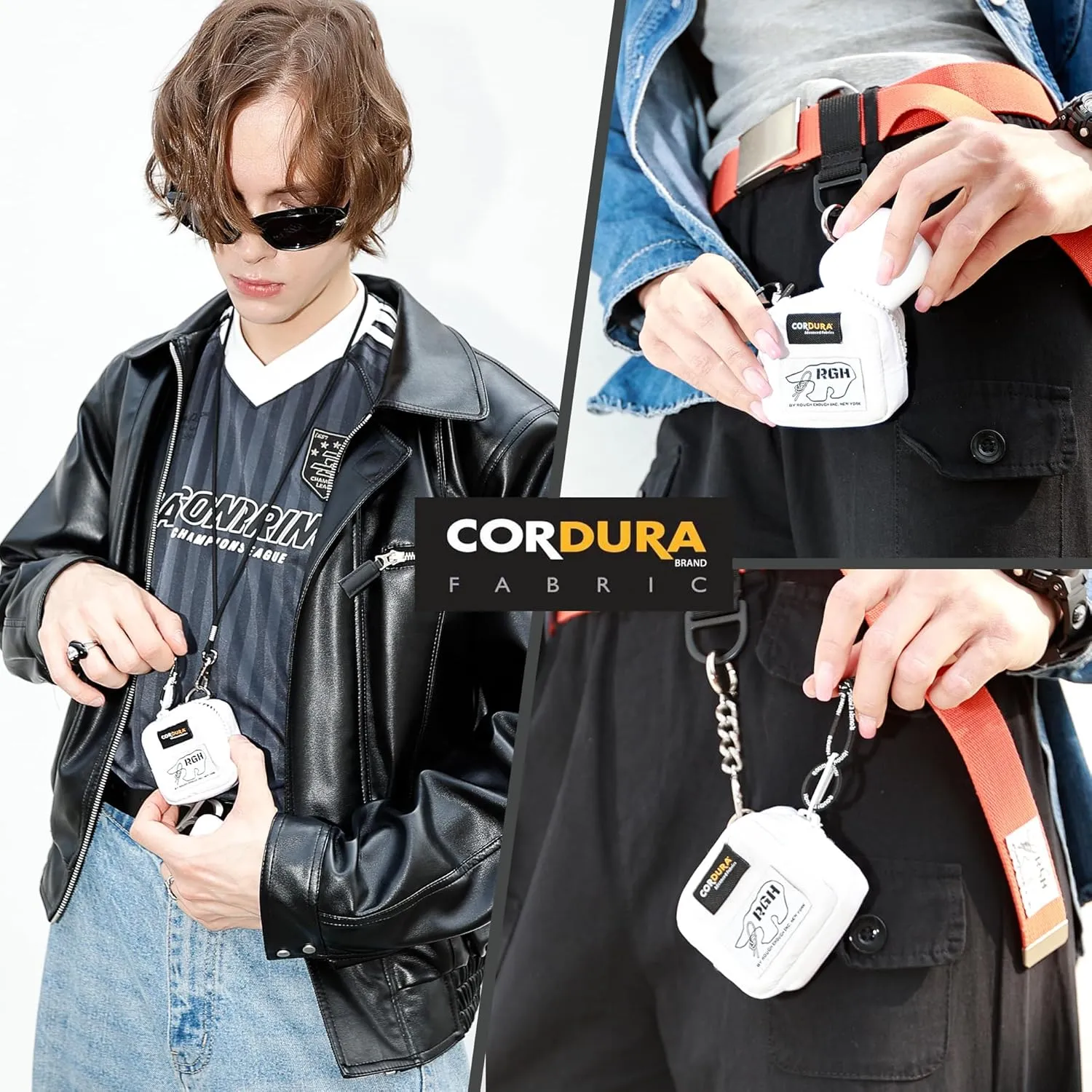 Rough Enough Earbud Case Pouch with Neck Lanyard Keychain for Earphone Earbuds Wireless Bluetooth White