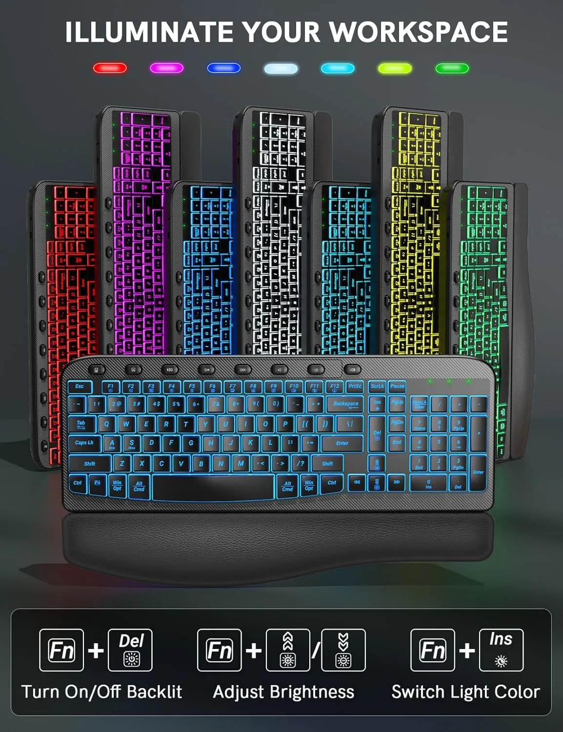 SABLUTE Ergonomic Wireless Keyboard and Mouse Combo - Wave Keyboard with Soft Leather Wrist Rest, Resistant Keys, RGB Backlit Rechargeable Set for PC/Mac/Chromebook (Black)