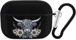 Scottish Highland Cow Sunflowers Earbud Case Bluetooth Headphone Case Full Protective Case with Keychain Compatible with Airpods Pro Black-Style