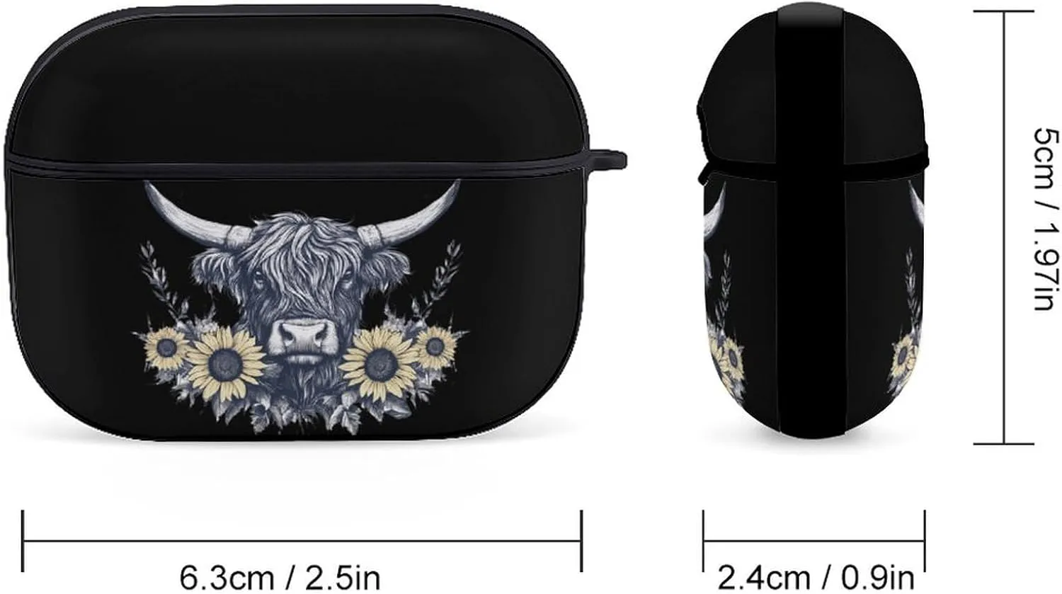 Scottish Highland Cow Sunflowers Earbud Case Bluetooth Headphone Case Full Protective Case with Keychain Compatible with Airpods Pro Black-Style