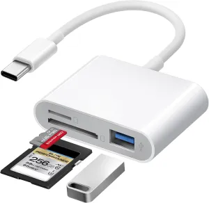 SD Card Reader for iPhone USB C, USB-C to SD/TF Memory Card Reader for iPhone 15/16 Pro Max with USB Port, High Speed Camera Adapter Compatible with iPad/MacBook Pro/Air, Android Phones and Tablets