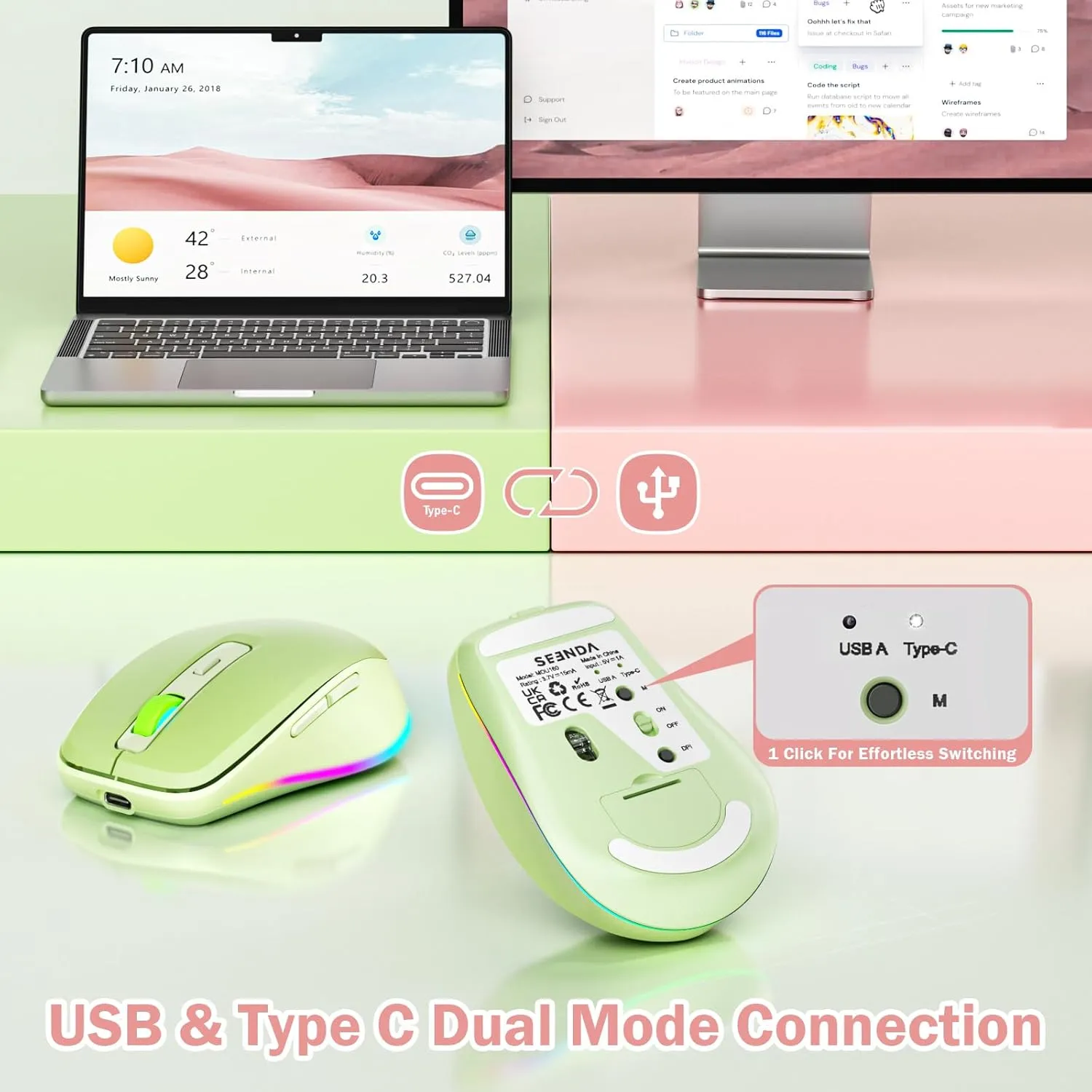 seenda Wireless Mouse with Jiggler - Light Up USB C Mouse, USB&Type C Receiver, Build-in Jiggler Mover Compatible with MacBook,iPad,Windows Tablet/Laptop/Computer, Green