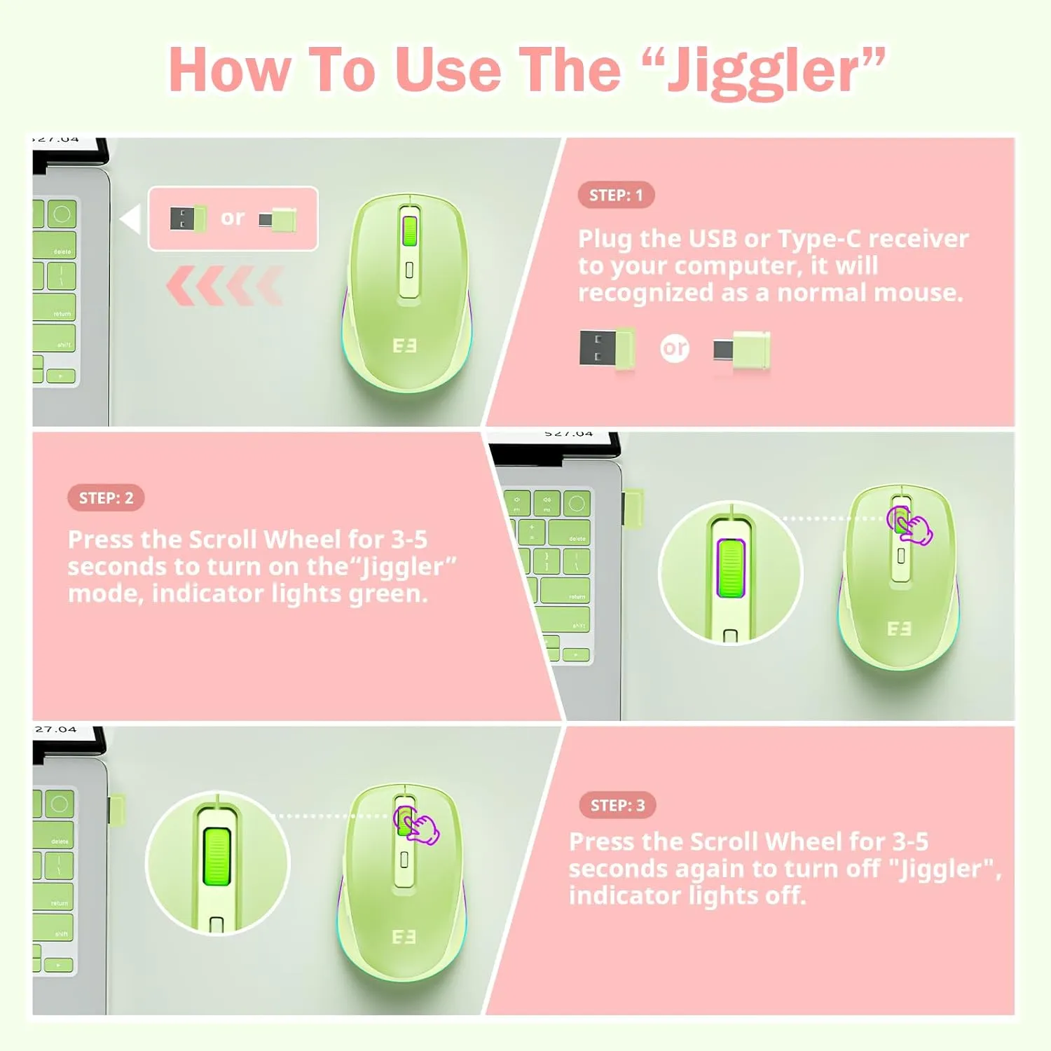seenda Wireless Mouse with Jiggler - Light Up USB C Mouse, USB&Type C Receiver, Build-in Jiggler Mover Compatible with MacBook,iPad,Windows Tablet/Laptop/Computer, Green