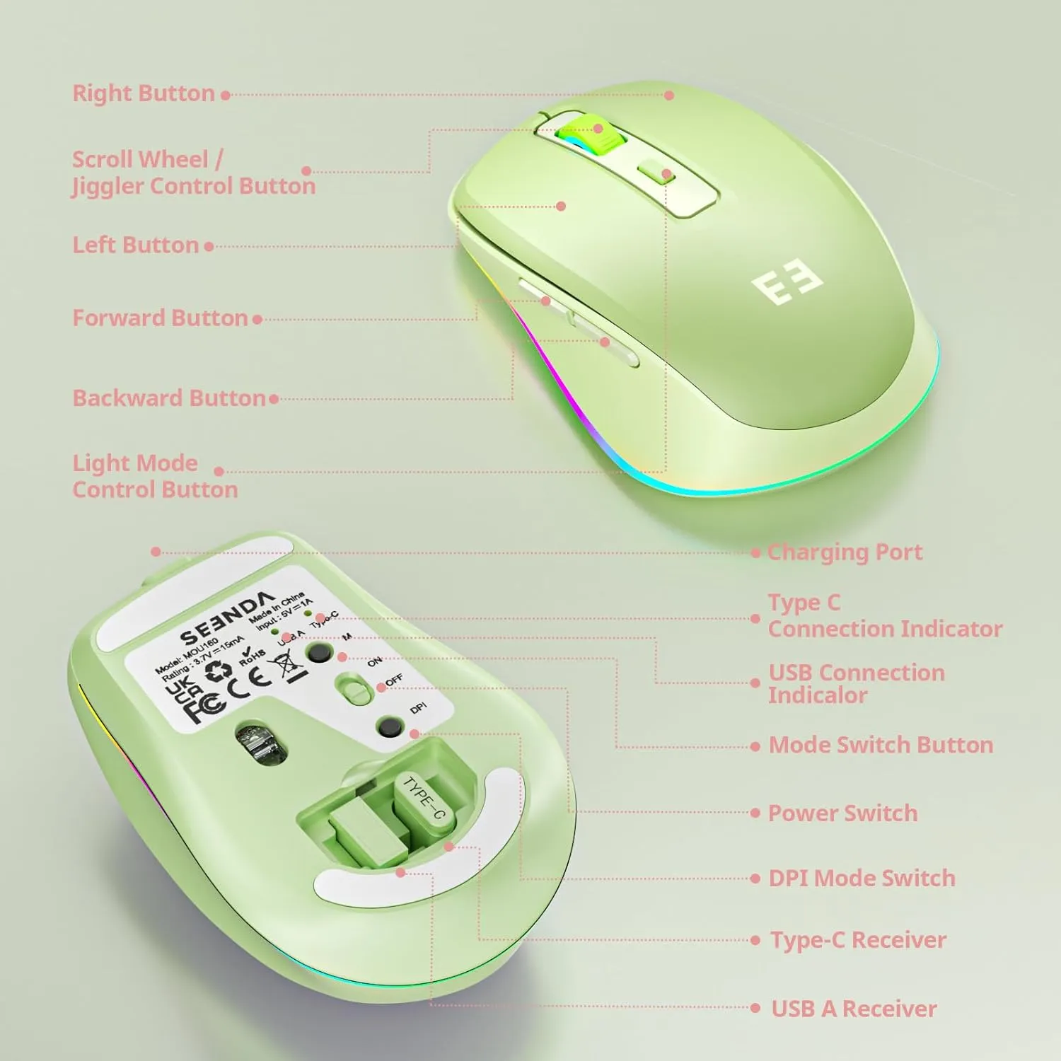 seenda Wireless Mouse with Jiggler - Light Up USB C Mouse, USB&Type C Receiver, Build-in Jiggler Mover Compatible with MacBook,iPad,Windows Tablet/Laptop/Computer, Green