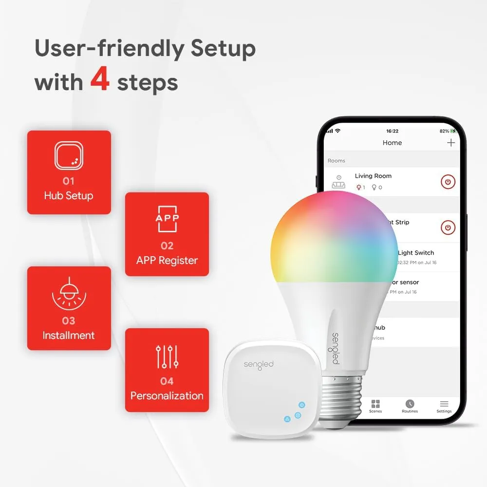 Sengled Alexa Light Bulb, Zigbee Bulb Smart Hub Required, Works with Alexa and SmartThings, Voice Control with Echo Show 10 with built-in Hub, Color Changing 60W Equivalent A19 Smart Light Bulbs, 4PK