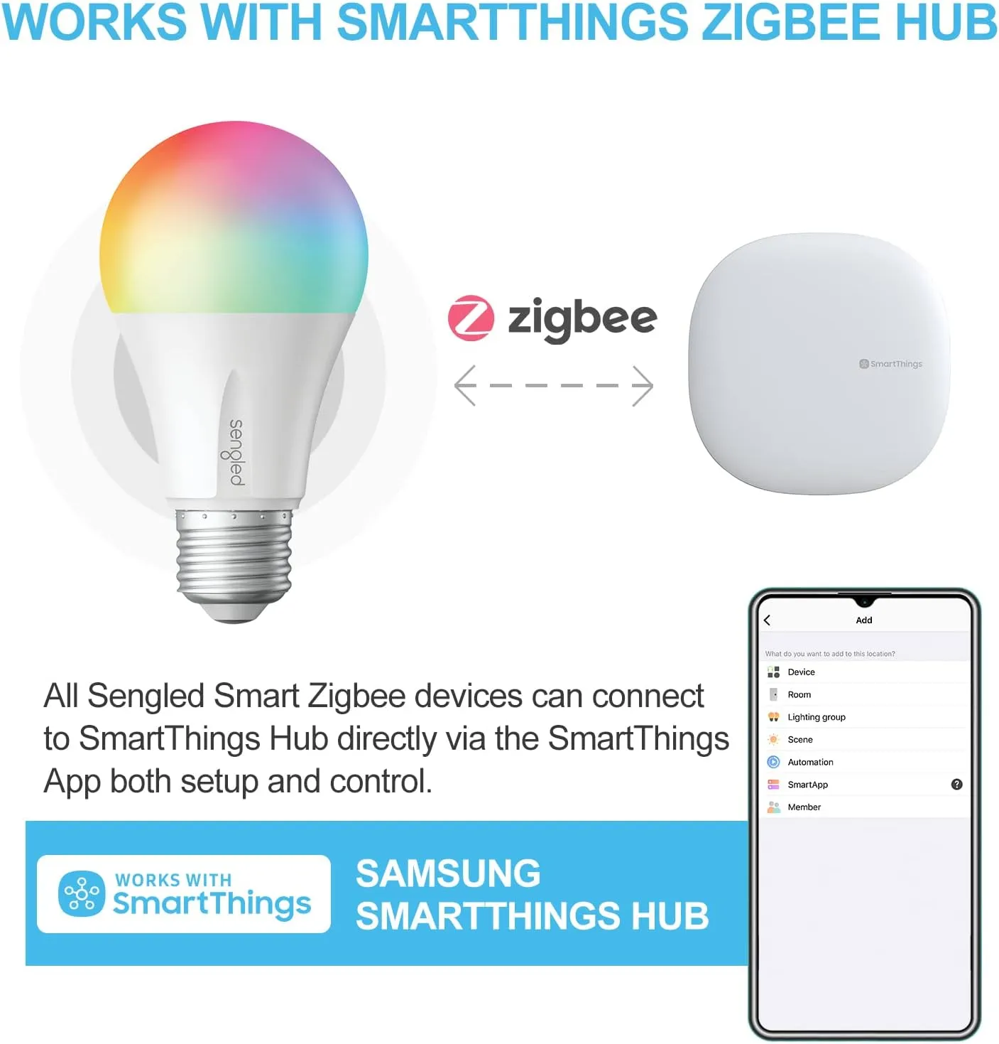 Sengled Alexa Light Bulb, Zigbee Bulb Smart Hub Required, Works with Alexa and SmartThings, Voice Control with Echo Show 10 with built-in Hub, Color Changing 60W Equivalent A19 Smart Light Bulbs, 4PK