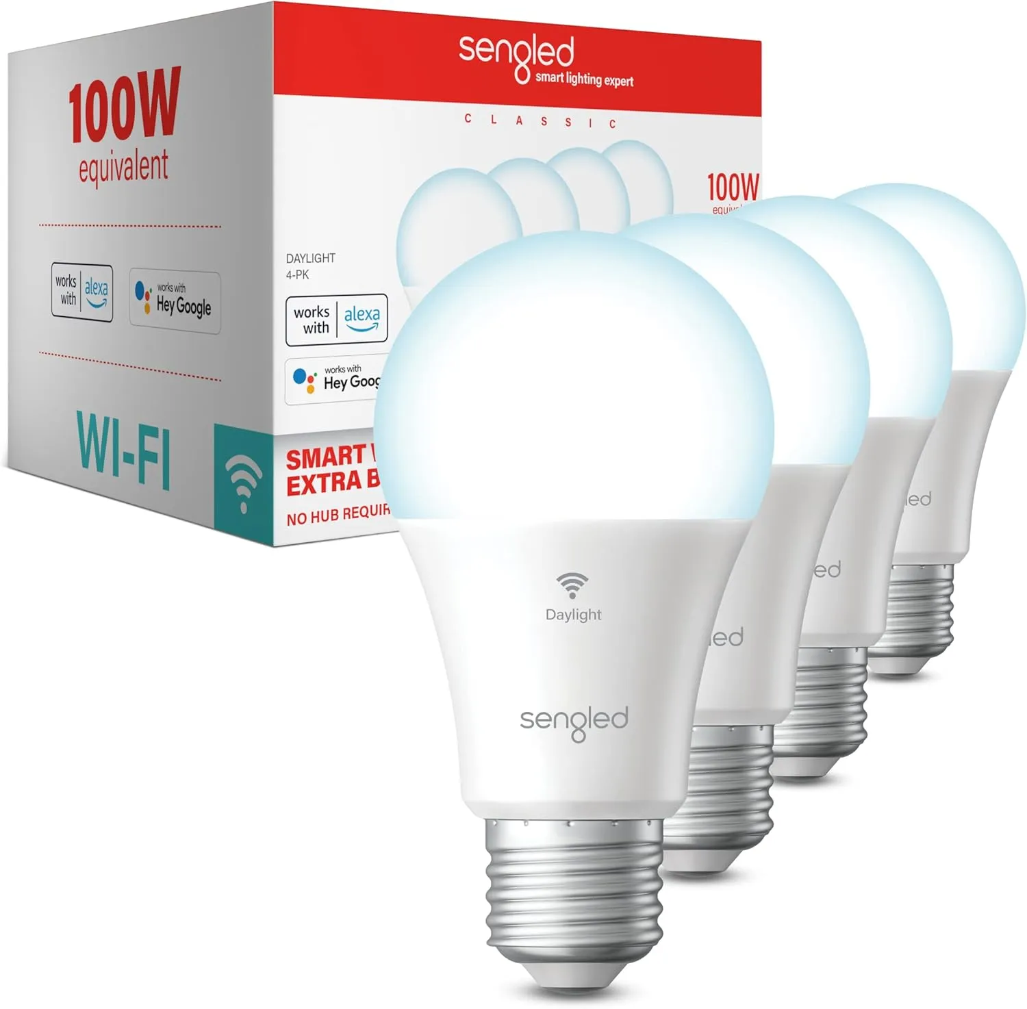 Sengled Smart Light Bulbs, 100W Equivalent WiFi Light Bulb, 1500LM High Brightness Smart Bulbs That Work with Alexa Google, Dimmable A19 Daylight 5000K Alexa Light Bulb, CRI>90, No Hub Required, 4Pack