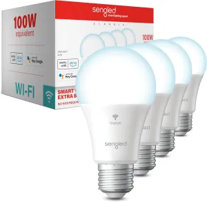 Sengled Smart Light Bulbs, 100W Equivalent WiFi Light Bulb, 1500LM High Brightness Smart Bulbs That Work with Alexa Google, Dimmable A19 Daylight 5000K Alexa Light Bulb, CRI>90, No Hub Required, 4Pack