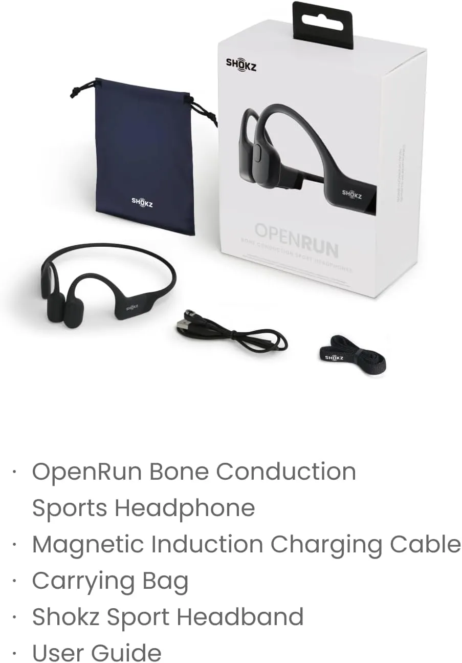 SHOKZ OpenRun - Open-Ear Bluetooth Bone Conduction Sport Headphones, Sweat Resistant Wireless Earphones for Workouts and Running, Built-in Mic, with Hair Band, Black