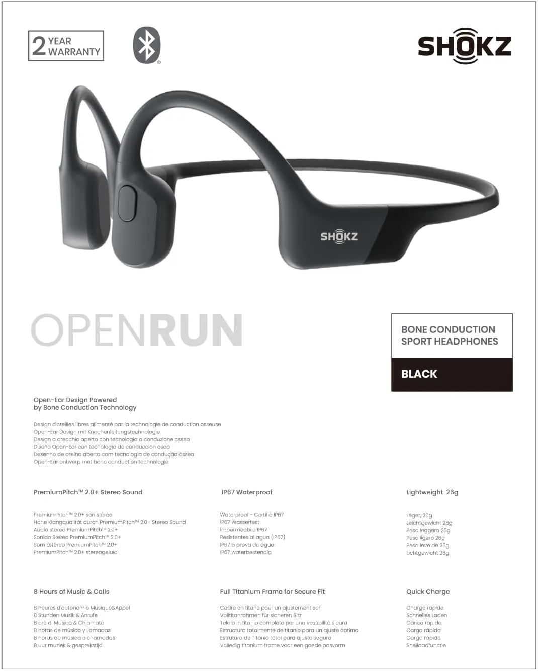 SHOKZ OpenRun - Open-Ear Bluetooth Bone Conduction Sport Headphones, Sweat Resistant Wireless Earphones for Workouts and Running, Built-in Mic, with Hair Band, Black