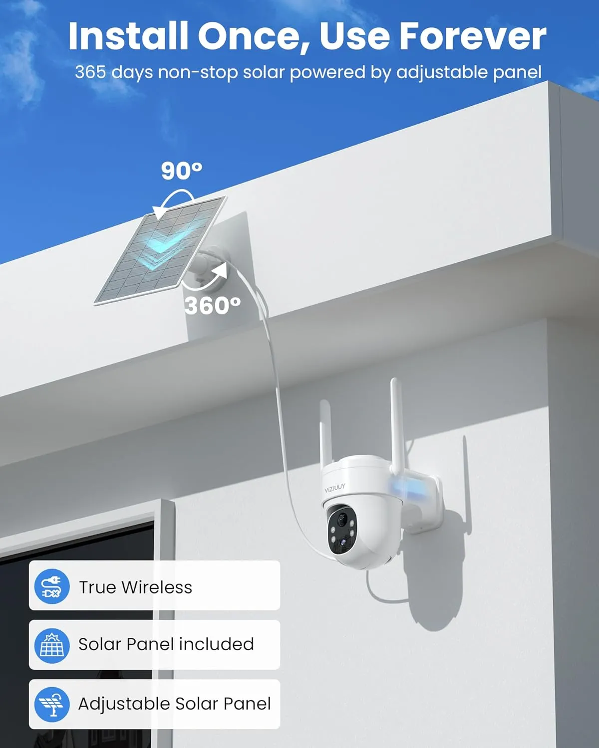 Solar Security Cameras Wireless Outdoor, 3MP Pan Tilt 360WiFi Camera with Color Night Vision/PIR Sensor/2-Way Audio/Alexa/Google Assistant