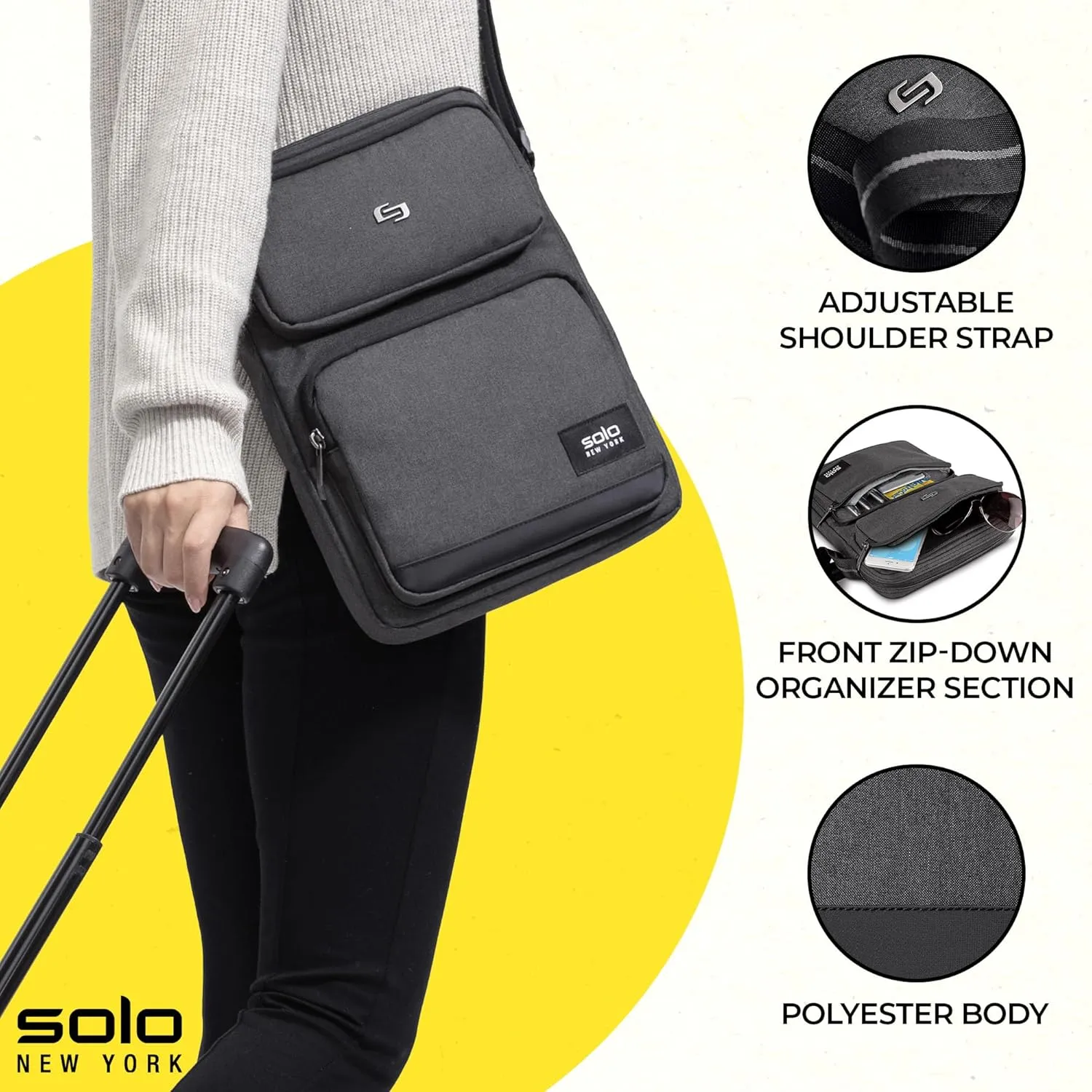 Solo New York Universal Tablet Sling Bag for Women & Men - Crossbody Bag for Travel, Walking, & Hiking, Adjustable Shoulder Strap, Front Zippered Pocket, Fits 12.9" Tablets - Ludlow, Grey